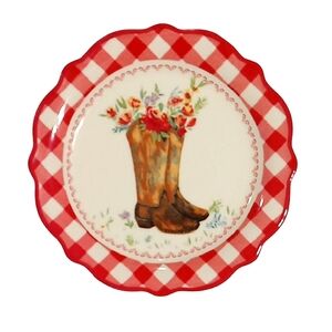The Pioneer Woman Appetizer Plate Red White Gingham Boot Flowers Stoneware